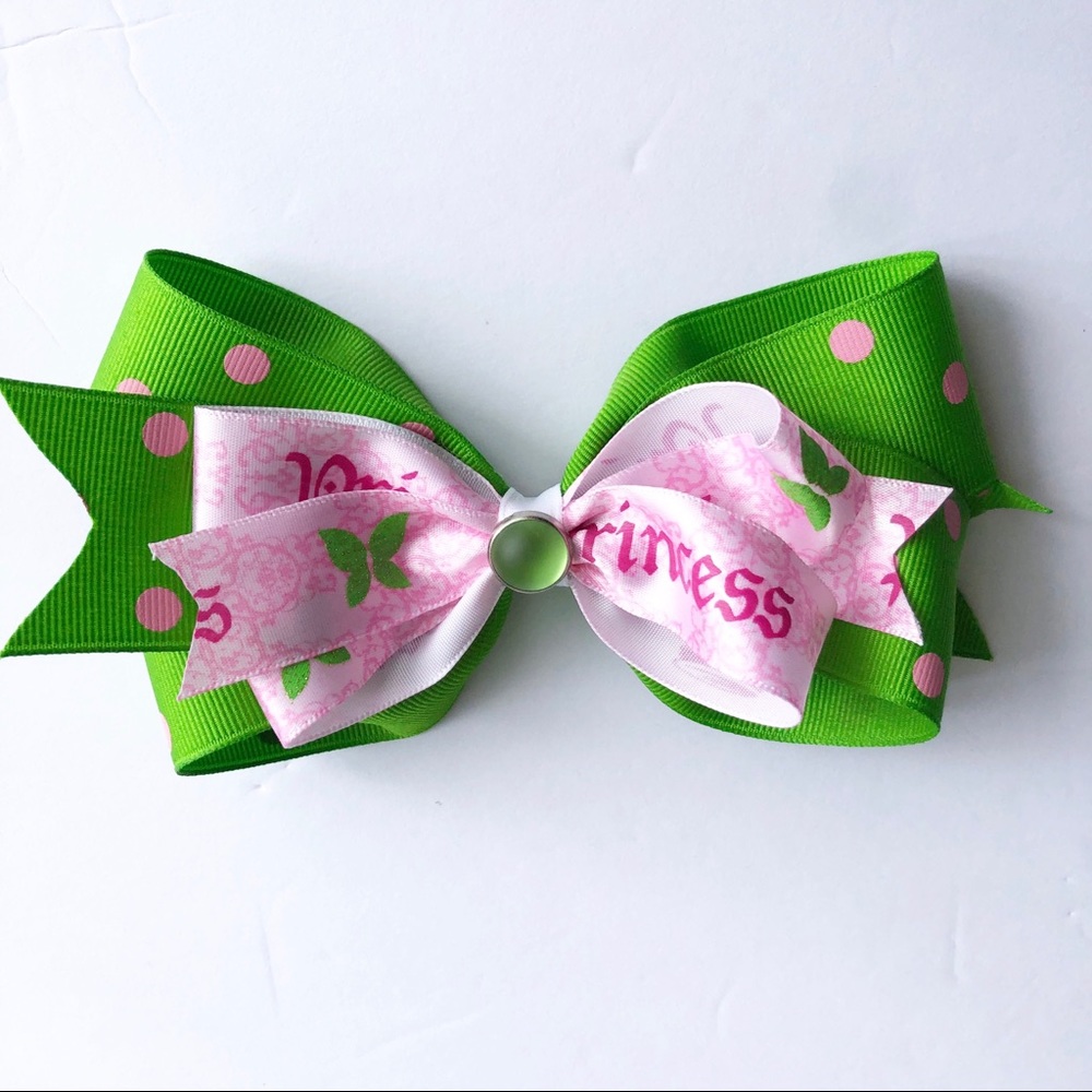 Girls Large Princess Green Pink Polka Dot Hair Bow